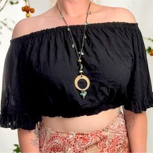 Keliki Hawaiian Black Off-Shoulder Women's Lightweight Crop Top Bell Sleeves L
